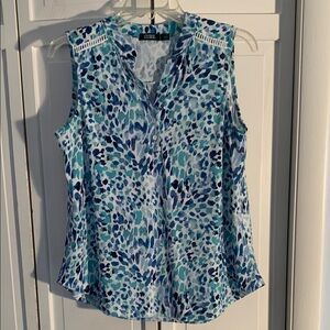 CURE Blue & Green Sleeveless Tank Top with Notched Collar EUC